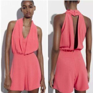 NWOT ZARA Halter Neck Open Back Coral Romper Size XS